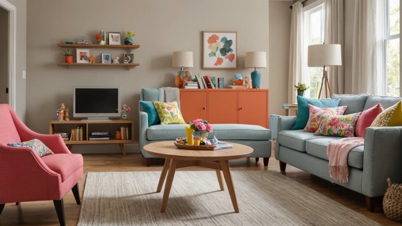 barnevennlig stue, familiespace design, holdbare materialer, trygt miljø, lekne elementer