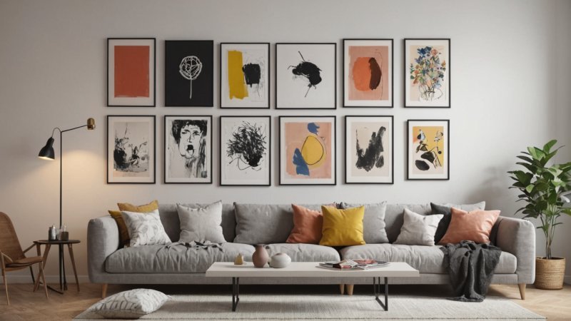 kunstvegg, hjemmedekor, interiørdesign, hvordan lage kunstvegg, kunstvalg, innramming av kunst, gjør-det-selv kunst