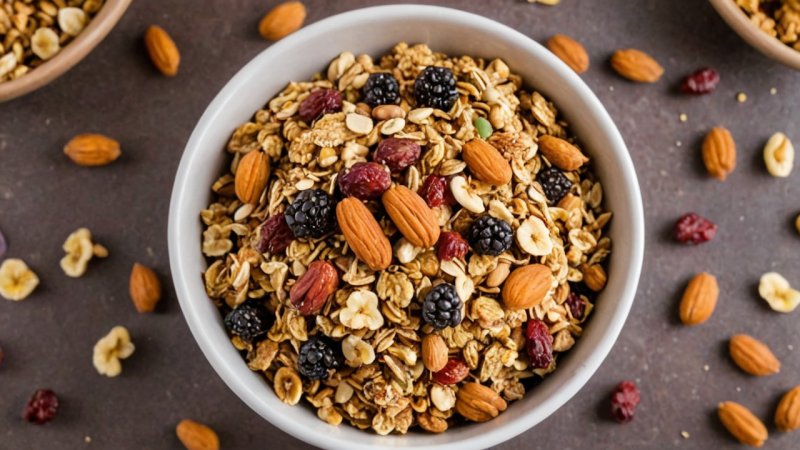 hjemmelaget frokostblanding, sunn granola, havregryn, nøtter, frø, frokostideer